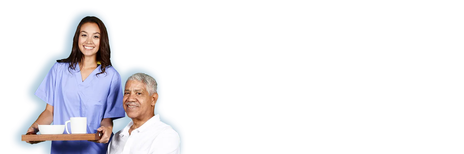 Caregiver with a meal for elderly person at home